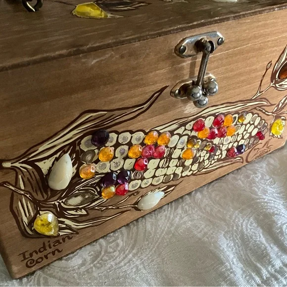 Vintage Enid Collins Texas Indian Corn Wood Box Purse Signed Mirror Inside - Picture 2 of 16